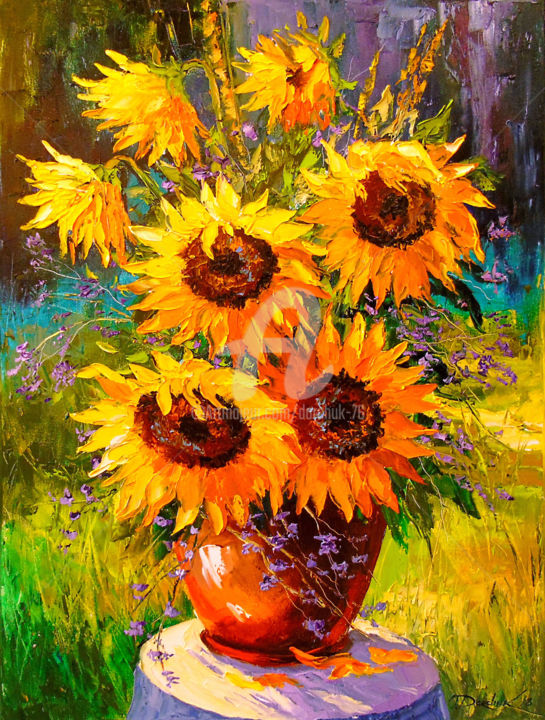 Картина под названием "Bouquet of sunflowe…" - Olha, Подлинное произведение искусства, Масло