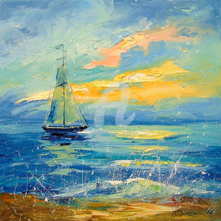 Painting titled "Sailboat at dawn" by Olha, Original Artwork, Oil