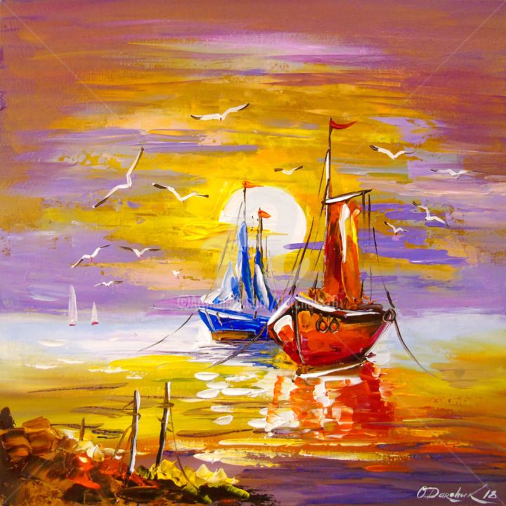 Painting titled "Sailboats anchored" by Olha, Original Artwork, Acrylic