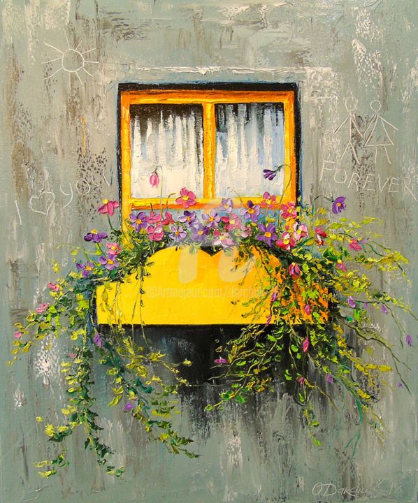 Painting titled "Old window" by Olha, Original Artwork, Oil