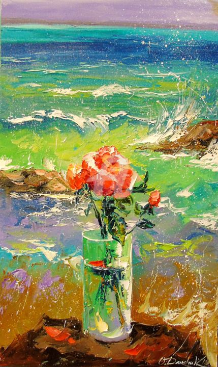 Painting titled "Roses and the sea" by Olha, Original Artwork, Oil