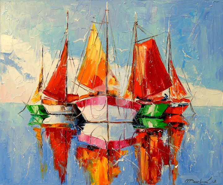 Painting titled "Sailboats anchored" by Olha, Original Artwork, Oil