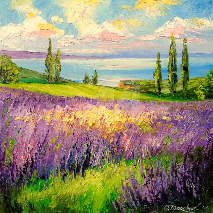 Painting titled "Lavender field" by Olha, Original Artwork, Oil