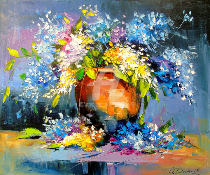 Painting titled "Bouquet in a cerami…" by Olha, Original Artwork, Oil