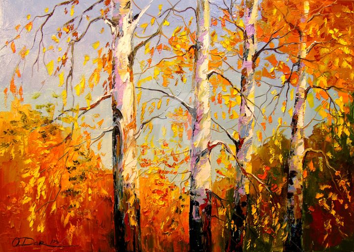 Painting titled "Autumn birch" by Olha, Original Artwork, Oil