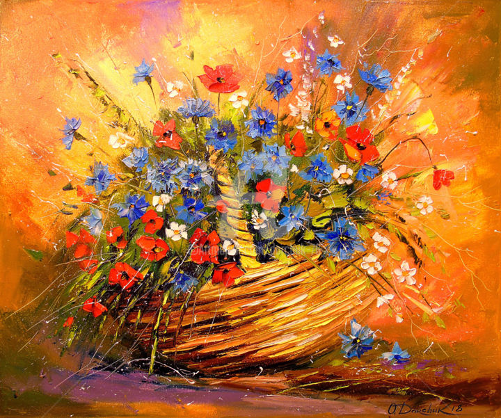 Painting titled "Basket  with  flowe…" by Olha, Original Artwork, Oil