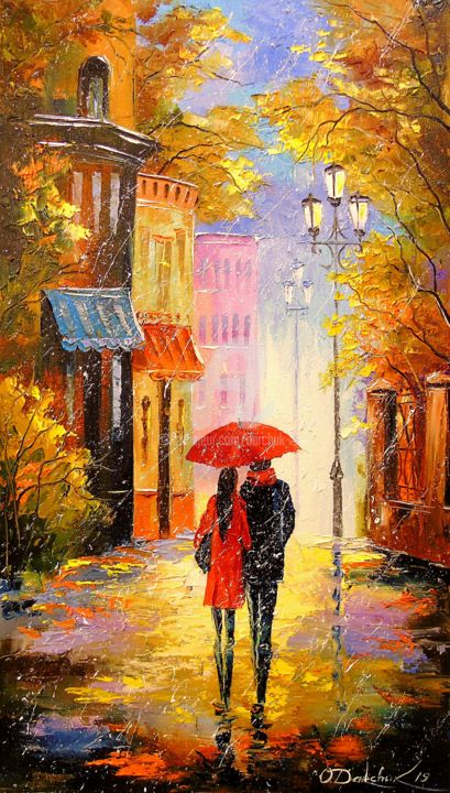 Painting titled "In the city of rain…" by Olha, Original Artwork, Oil
