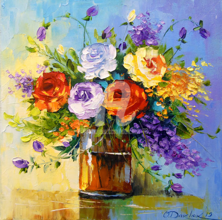 Painting titled "Bouquet of roses an…" by Olha, Original Artwork, Oil