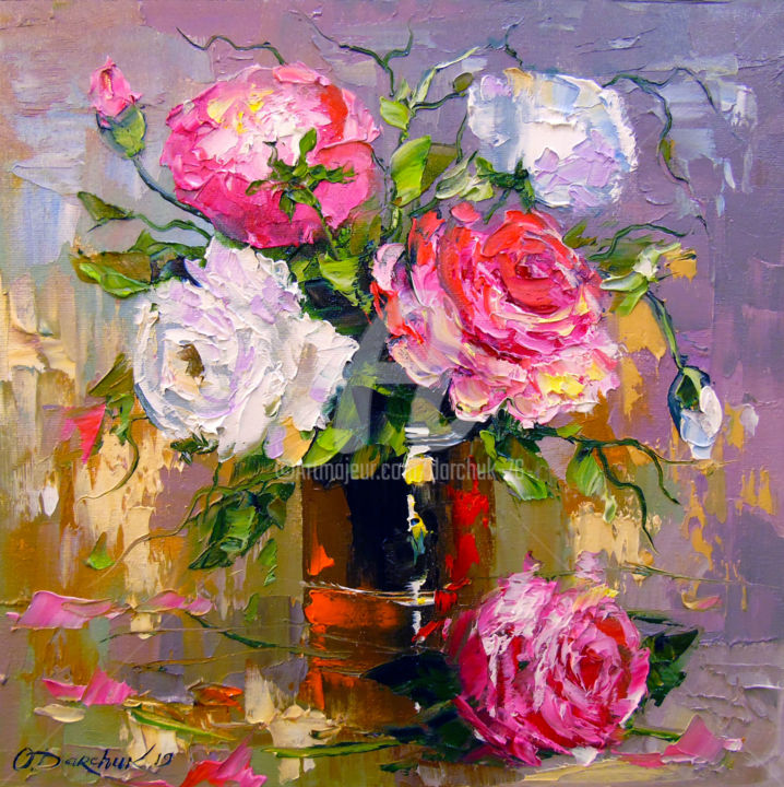 Painting titled "Bouquet of roses" by Olha, Original Artwork, Oil