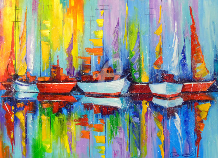 Painting titled "Sailboats on the pi…" by Olha, Original Artwork, Oil Mounted on Wood Stretcher frame