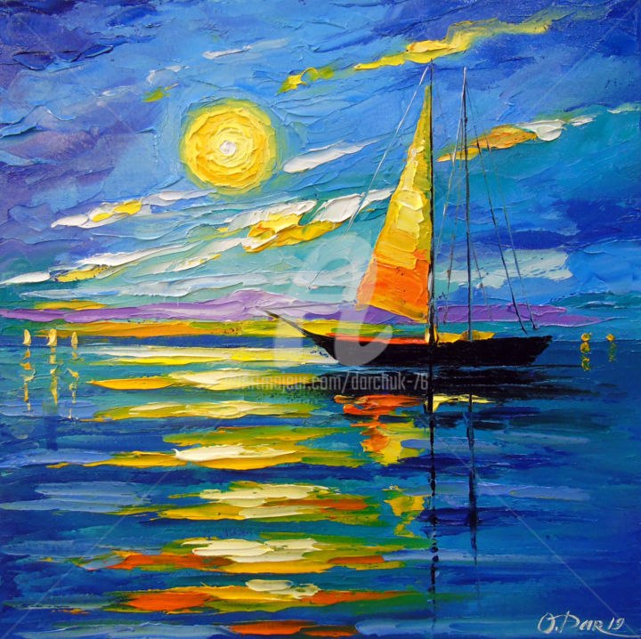 Pintura intitulada "Sailboat at sunset" por Olha, Obras de arte originais, Óleo