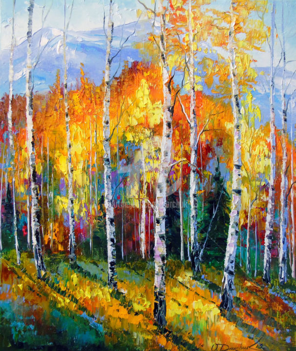 Painting titled "Autumn birches on t…" by Olha, Original Artwork, Oil
