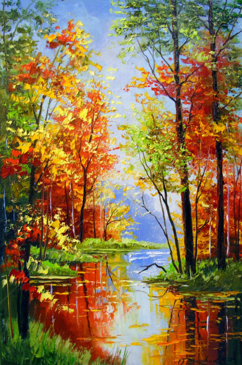 Painting titled "Autumn pond" by Olha, Original Artwork, Oil