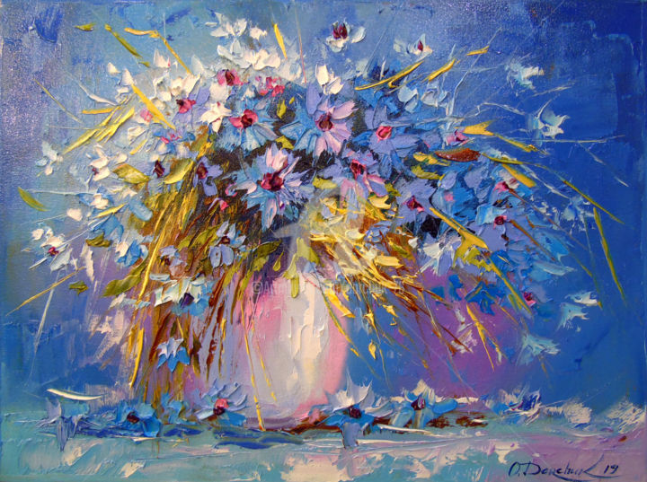 Schilderij getiteld "Bouquet of cornflow…" door Olha, Origineel Kunstwerk, Olie