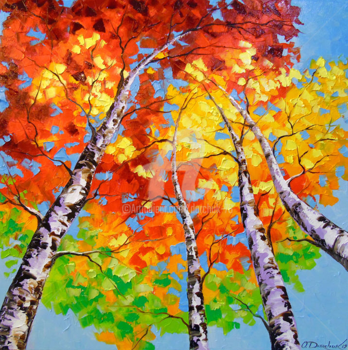 Painting titled "Sky birch" by Olha, Original Artwork, Oil
