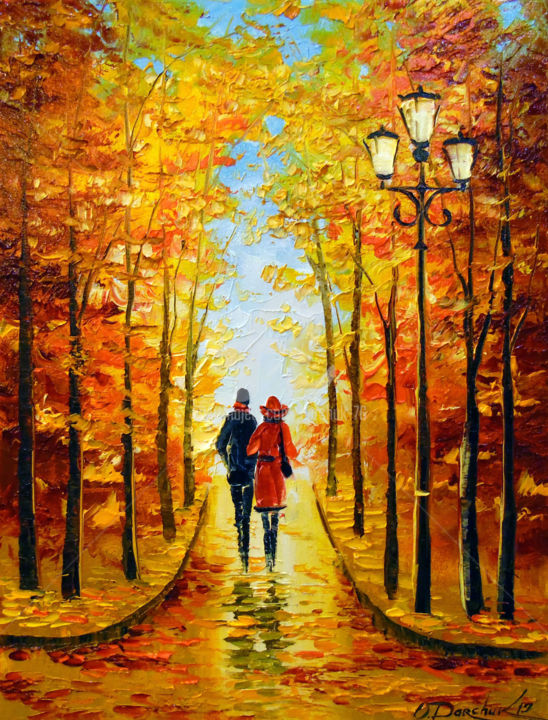 Painting titled "Autumn walk in the…" by Olha, Original Artwork, Oil