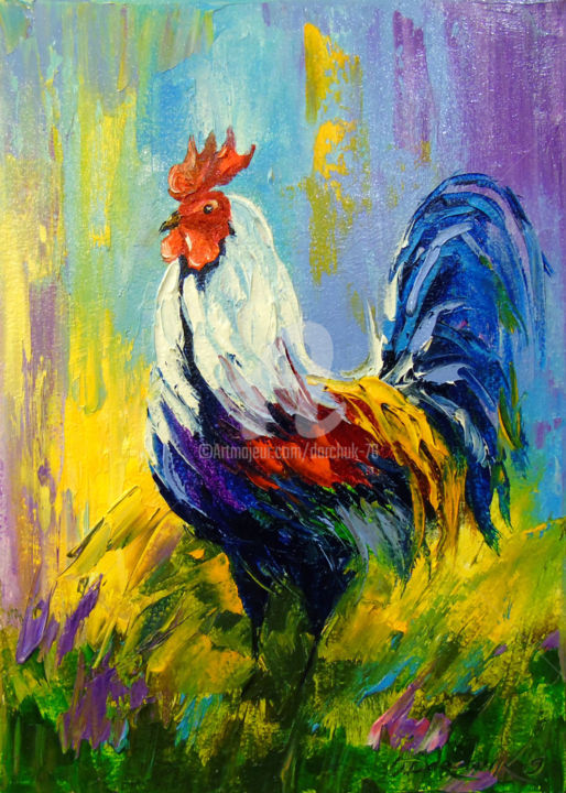 Painting titled "Rooster" by Olha, Original Artwork, Oil