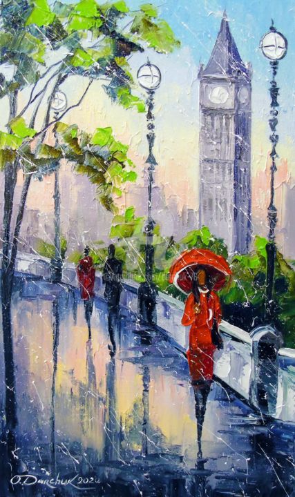 Картина под названием "Rain in London" - Olha, Подлинное произведение искусства, Масло