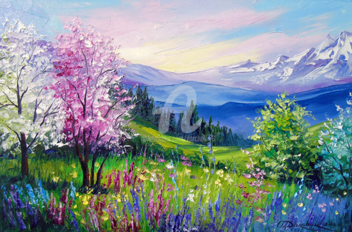 Painting titled "Spring at the Alps" by Olha, Original Artwork, Oil