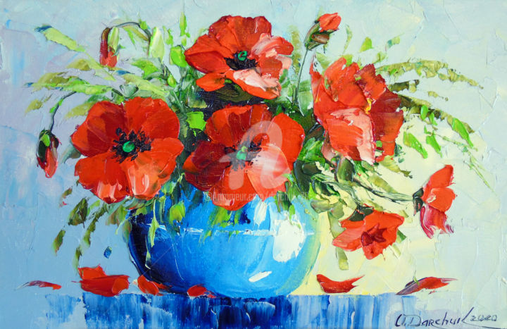 Painting titled "Bouquet of poppies" by Olha, Original Artwork, Oil