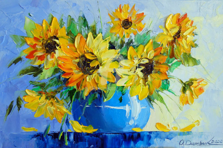 Painting titled "Bouquet  of  sunflo…" by Olha, Original Artwork, Oil