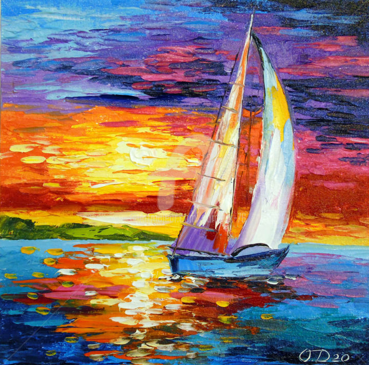 Schilderij getiteld "Sailboat  at  dawn" door Olha, Origineel Kunstwerk, Olie