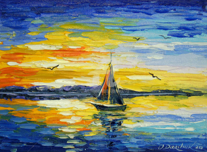 Painting titled "Sailboat          a…" by Olha, Original Artwork, Oil