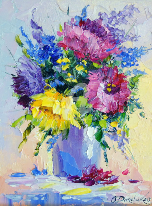 Painting titled "Bouquet of bright f…" by Olha, Original Artwork, Oil