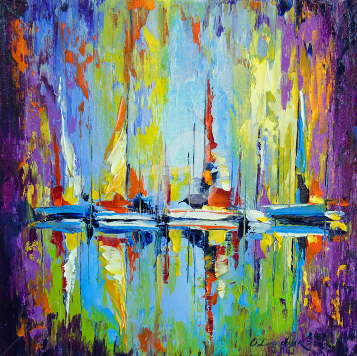Painting titled "Boats at the pier" by Olha, Original Artwork, Oil
