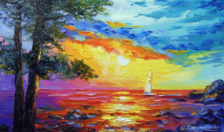 Painting titled "Sailboat  at  sunset" by Olha, Original Artwork, Oil