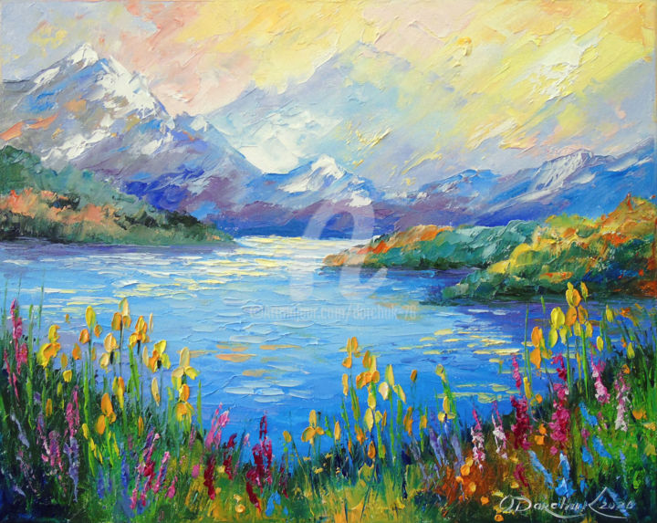 Painting titled "Lake in the Alps" by Olha, Original Artwork, Oil