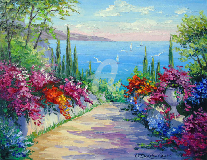 Painting titled "Sunny  road  to  th…" by Olha, Original Artwork, Oil