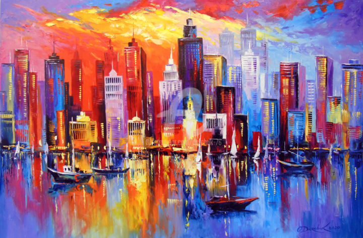 Painting titled "Evening  new  York" by Olha, Original Artwork, Oil