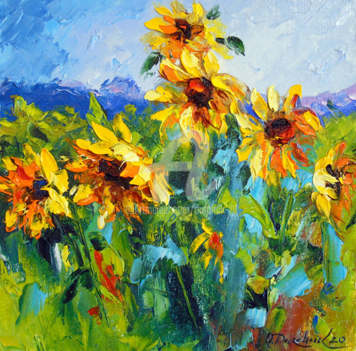 Painting titled "Sunflowers and wind" by Olha, Original Artwork, Oil Mounted on Cardboard