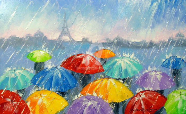 Painting titled "Rain in Paris" by Olha, Original Artwork, Oil