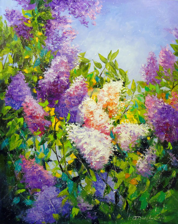 Painting titled "Fragrance of lilac" by Olha, Original Artwork, Oil Mounted on Wood Stretcher frame