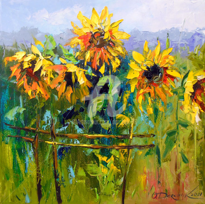 Painting titled "Sunflowers  and  wi…" by Olha, Original Artwork, Oil