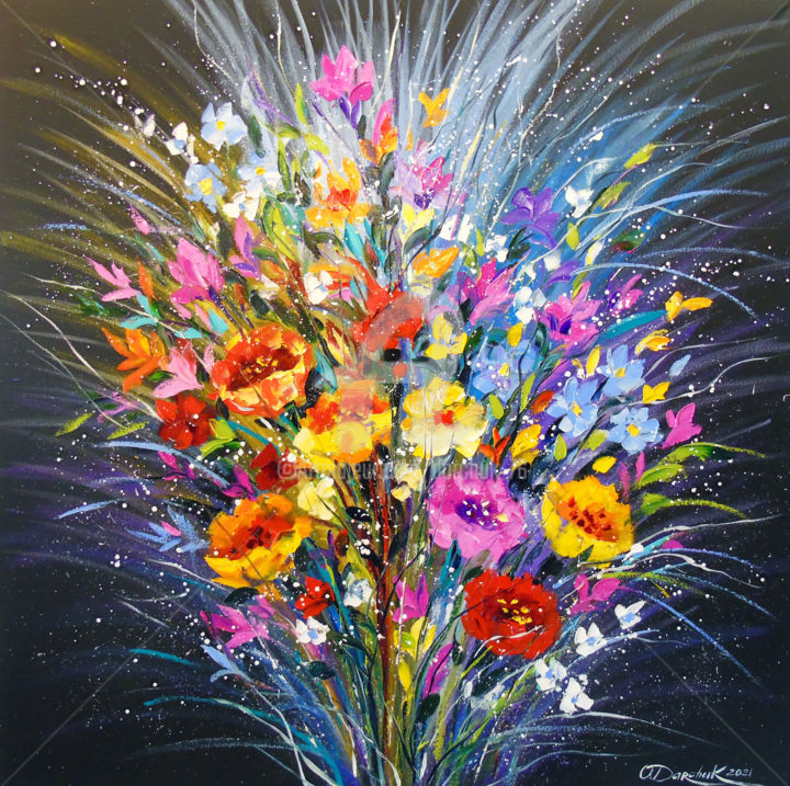 Картина под названием "Bouquet of flowers…" - Olha, Подлинное произведение искусства, Масло Установлен на Деревянная рама дл…