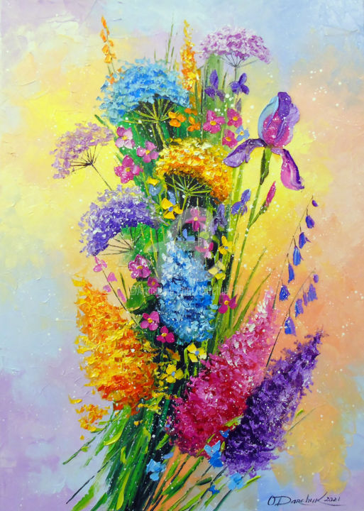 Painting titled "Bouquet of meadow f…" by Olha, Original Artwork, Oil
