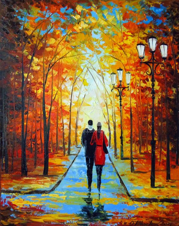 绘画 标题为“Autumn  walk in  th…” 由Olha, 原创艺术品, 油 安装在木质担架架上