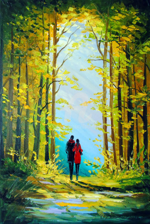 Painting titled "Autumn walk in the…" by Olha, Original Artwork, Oil Mounted on Wood Stretcher frame