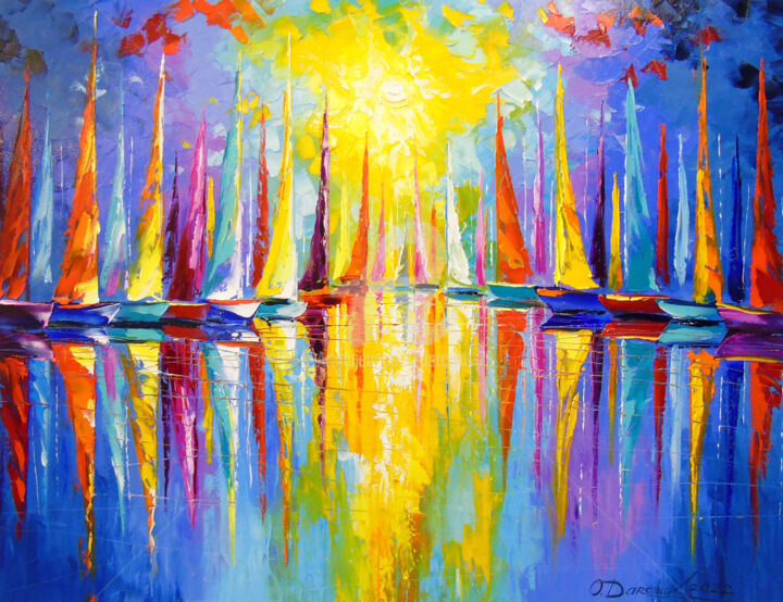 Pintura titulada "Rainbow sailboats" por Olha, Obra de arte original, Oleo