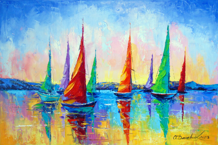 Painting titled "Sailing yachts" by Olha, Original Artwork, Oil Mounted on Wood Stretcher frame