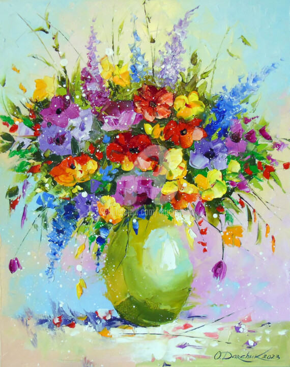 Painting titled "Bouquet  of  meadow…" by Olha, Original Artwork, Oil Mounted on Wood Stretcher frame