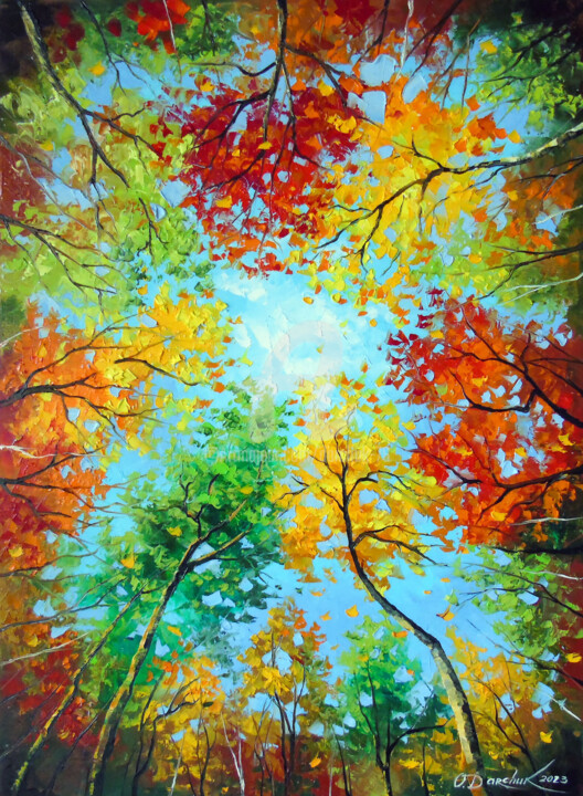 Painting titled "Autumn forest" by Olha, Original Artwork, Oil Mounted on Wood Stretcher frame