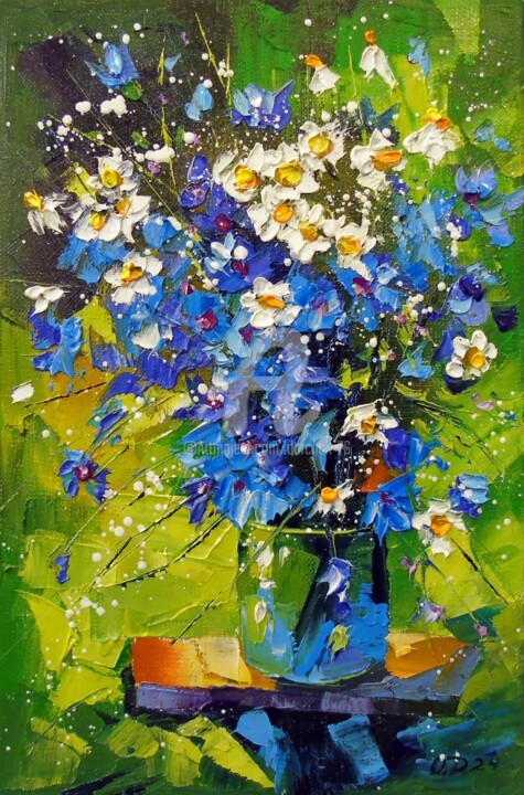 Painting titled "A bouquet of meadow…" by Olha, Original Artwork, Oil Mounted on Wood Stretcher frame