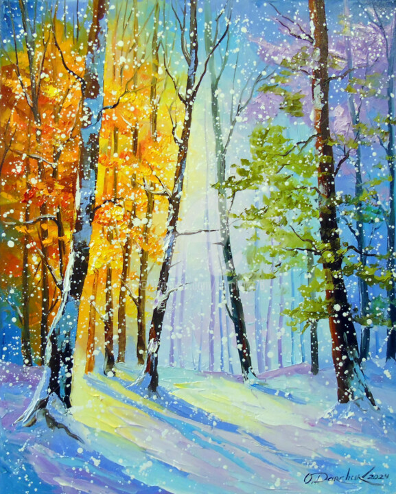 Painting titled "Morning snowfall in…" by Olha, Original Artwork, Oil Mounted on Wood Stretcher frame