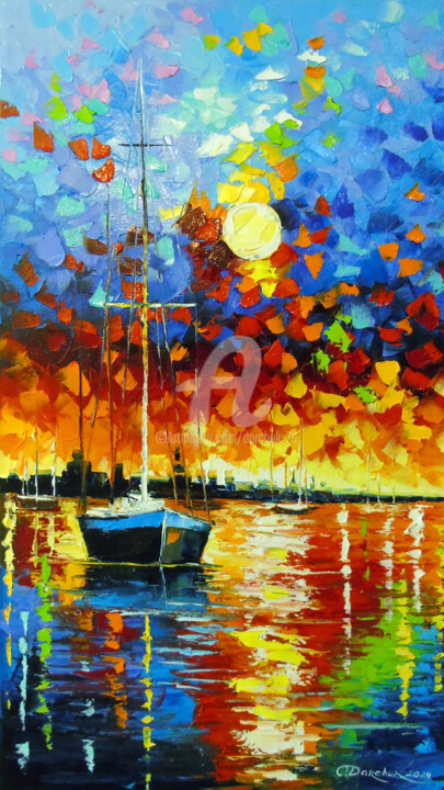 Картина под названием "Bay Harmony: Sunset…" - Olha, Подлинное произведение искусства, Масло Установлен на Деревянная рама д…