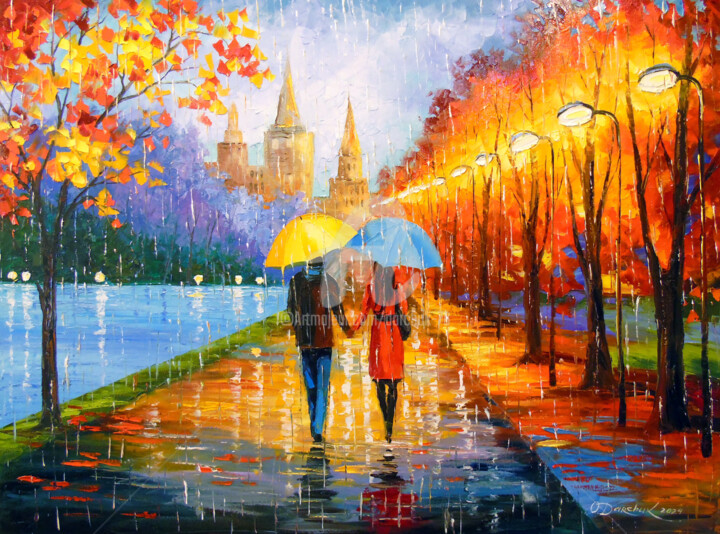Картина под названием "Romantic walk in th…" - Olha, Подлинное произведение искусства, Масло Установлен на Деревянная рама д…