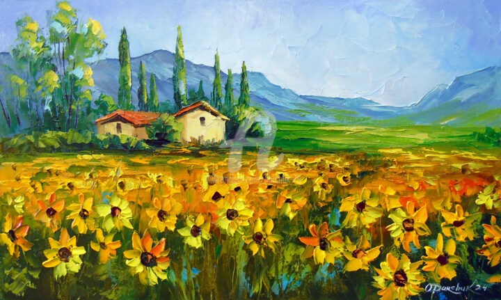 Painting titled "Ranch and field of…" by Olha, Original Artwork, Oil Mounted on Wood Stretcher frame